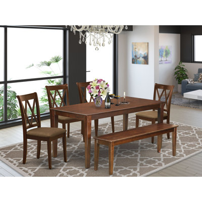 L'ensemble 6 pièces de table et chaises de cuisine contient une table de salle à manger rectangulaire et 4 chaises de salle à manger en tissu de lin avec un banc, acajou
