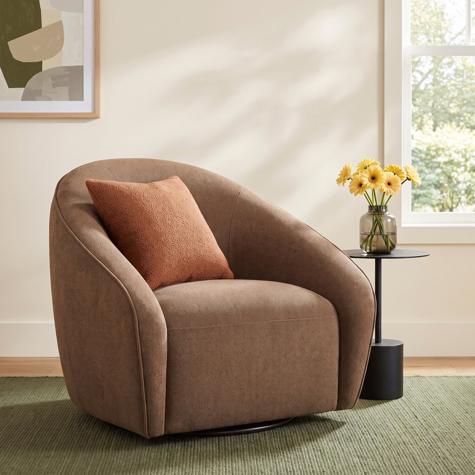 Miley Pine Swivel Accent Chair, Elite Camel Linen