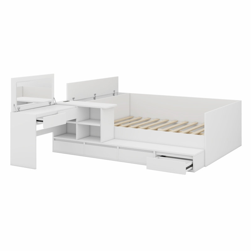 Lit plateforme en bois avec tiroirs, tablettes et coiffeuse, blanc