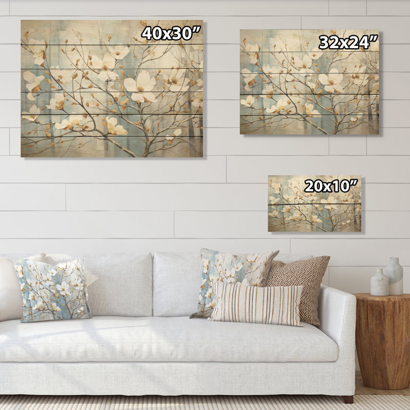 Blanc cornouiller Blossom Dreams I - art mural en bois de cornouiller sur bois de pin naturel, H 24 po x l 32 po