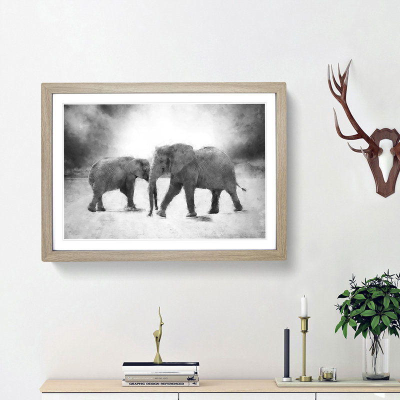 Elephants Crossing Paths - Picture Frame Graphic Art Print, 45cm H x 63cm W x 2cm D, Black Framed