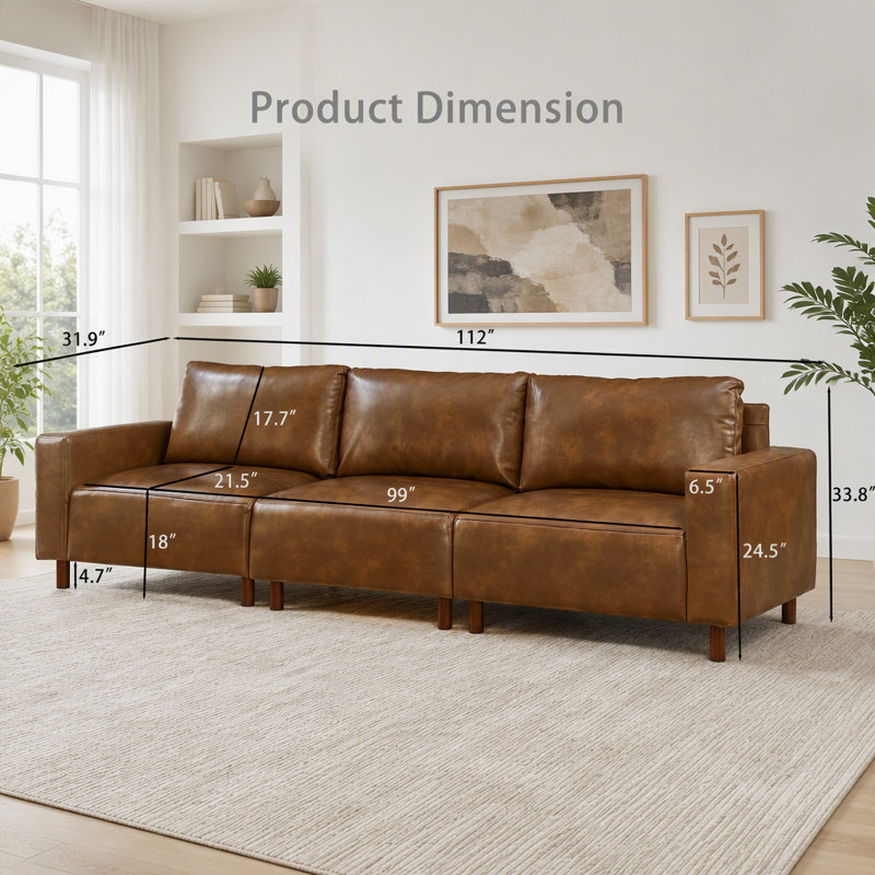 Canapé en cuir synthétique 112 po, 3, Brown-3 Seat
