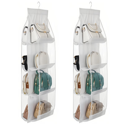 Ensemble de 2 organisateurs de sacs à main suspendus pour placard, 8 compartiments de rangement pour garde-robe peu encombrants avec crochets robustes (blanc)