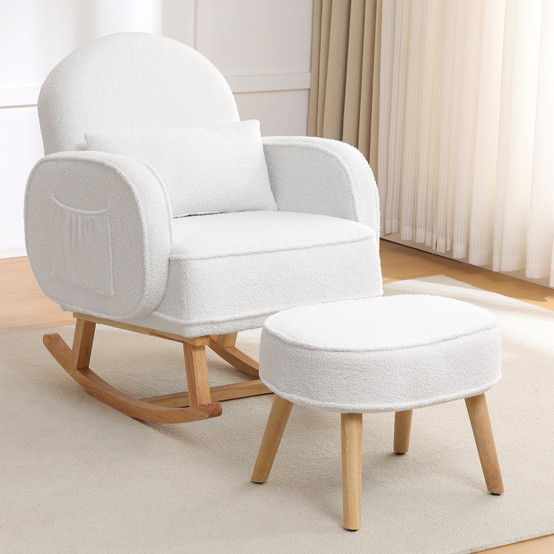 Chaise berçante rembourrée avec repose-pieds Teddy, Blanc