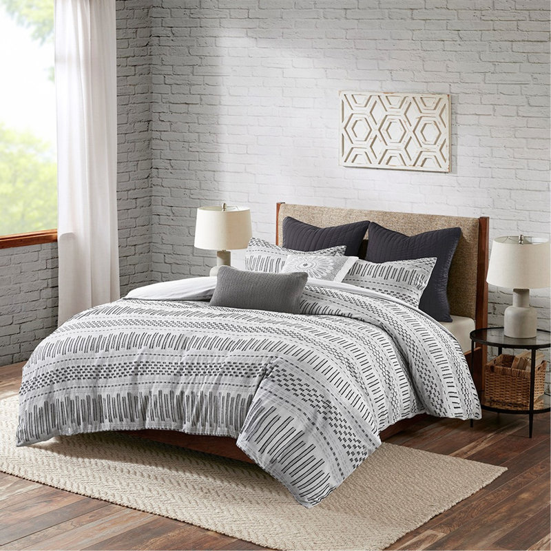Mini ensemble d'édredon en jacquard de coton, gris et noir, très grand / très grand californien, Gris