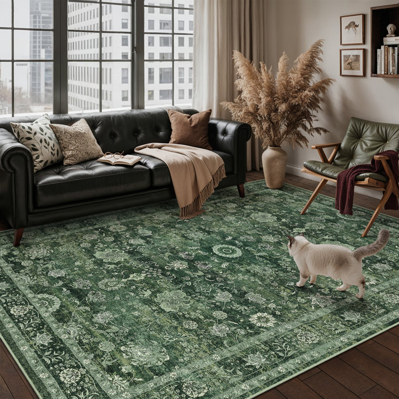 Tapis oriental vert Patty avec envers antidérapant, Rectangulaire 8 pi x 10 pi, Green