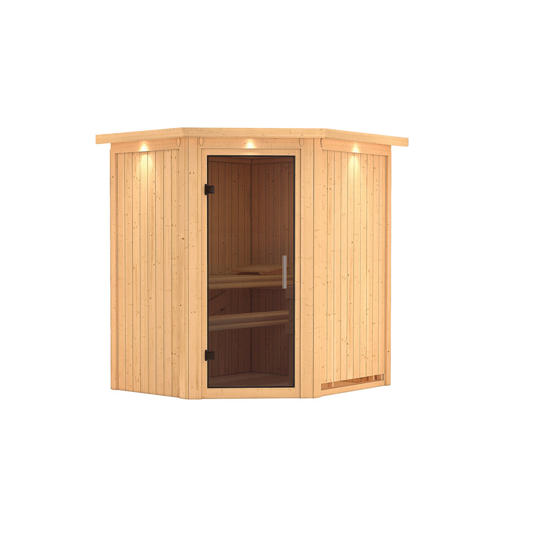 Sauna "Taurin" mit Glastür und Kranz naturbelassen