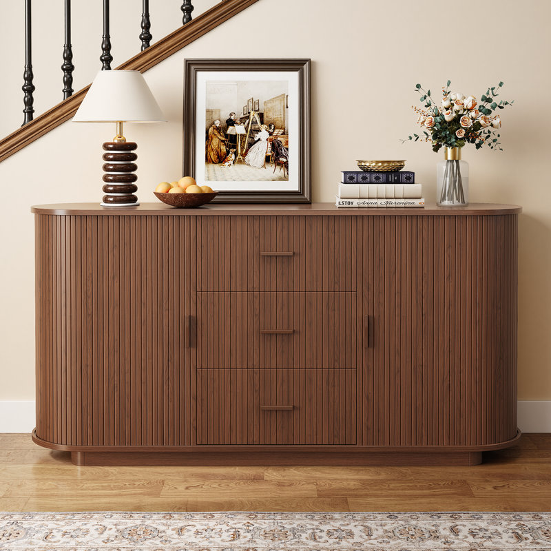63" Sideboard With Sliding Tambour Door, Buffet Cabinet With 3 Large Drawers & 2 Cabinets For Dining Room, Living Room