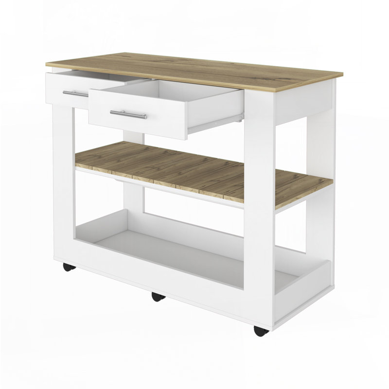 Kitchen Island with Drawer Shelves and Casters, White, 36.5" H x 46" W x 20" D
