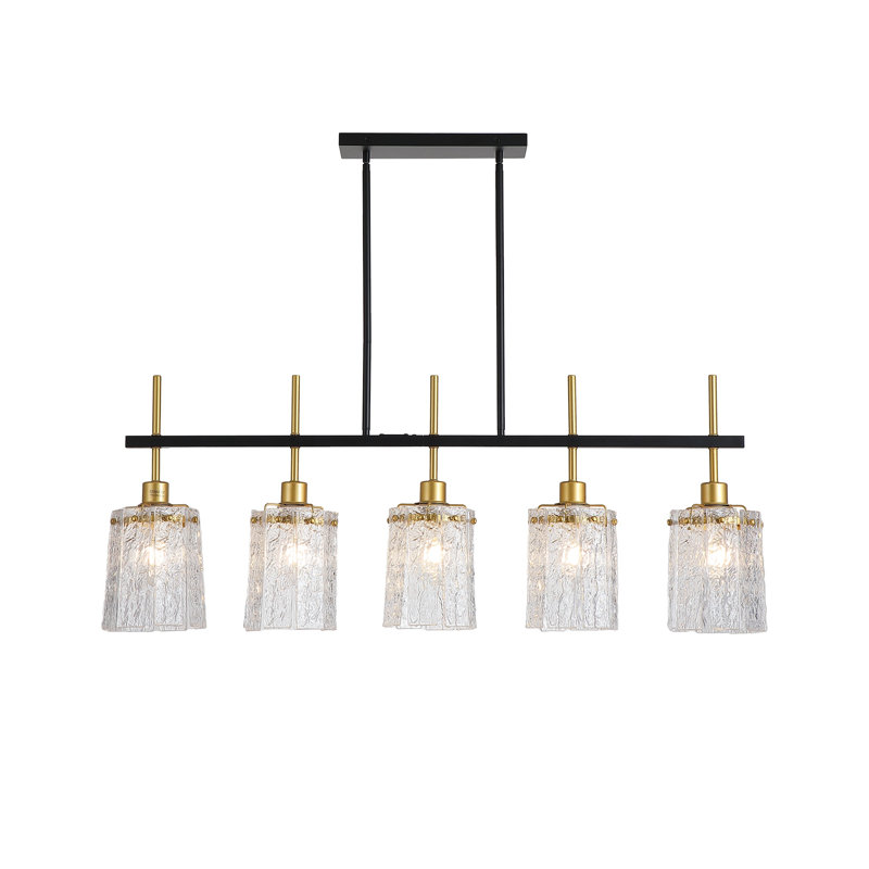 Farmhouse Chandelier 5-Light Linear Pendant Light for Dining Room, Kitchen Island Lighting with Water Ripple Glass Shades, Adjustable Black & Gold Hanging Fixture
