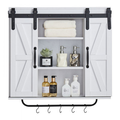 Bathroom Wall Cabinet, 2 Doors and Adjustable Shelf, Over the Toilet Storage Medicine Cabinet Wall Mounted, Hanging Organizer with Open Partition/Towel Bar/Hooks for Laundry Room Kitchen, White