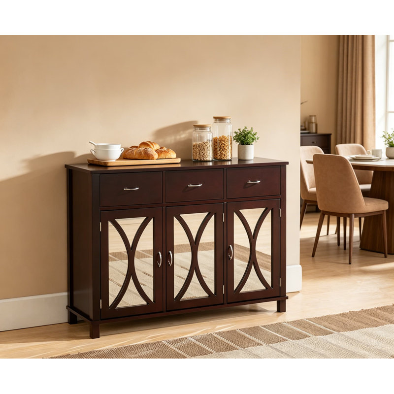 Buffet Buffet avec portes en miroir et tablettes réglables, console en bois au fini espresso pour la salle à manger, 43 po