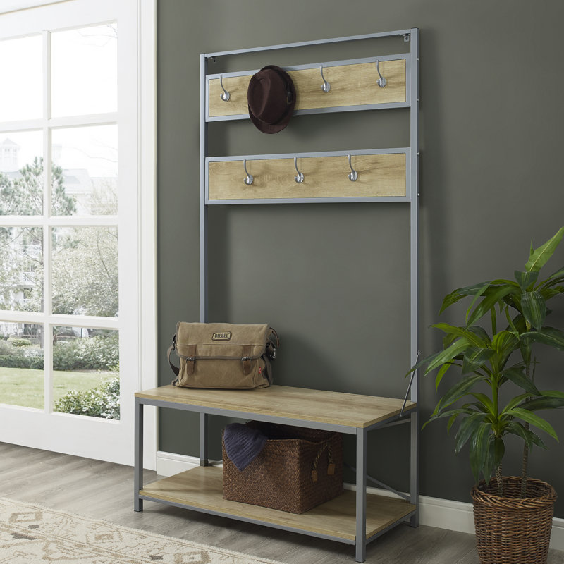 Portemanteau avec banc et rangement pour chaussures Everheart, Chêne blanc