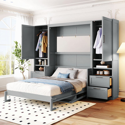 Lit escamotable double pleine grandeur avec placard, tiroirs et tablettes