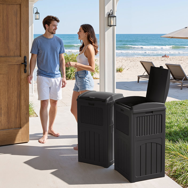 Devoko 32 Gallon Set of 2 Outdoor Plastic Trash Cans, Waterproof Manual Lift Trash Hideaway Container, Black