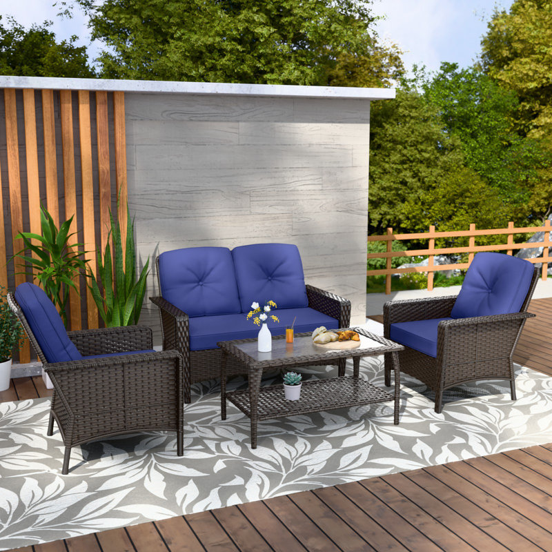 Ensemble de conversation modulaire en osier pour 4 personnes avec coussin, Bleu