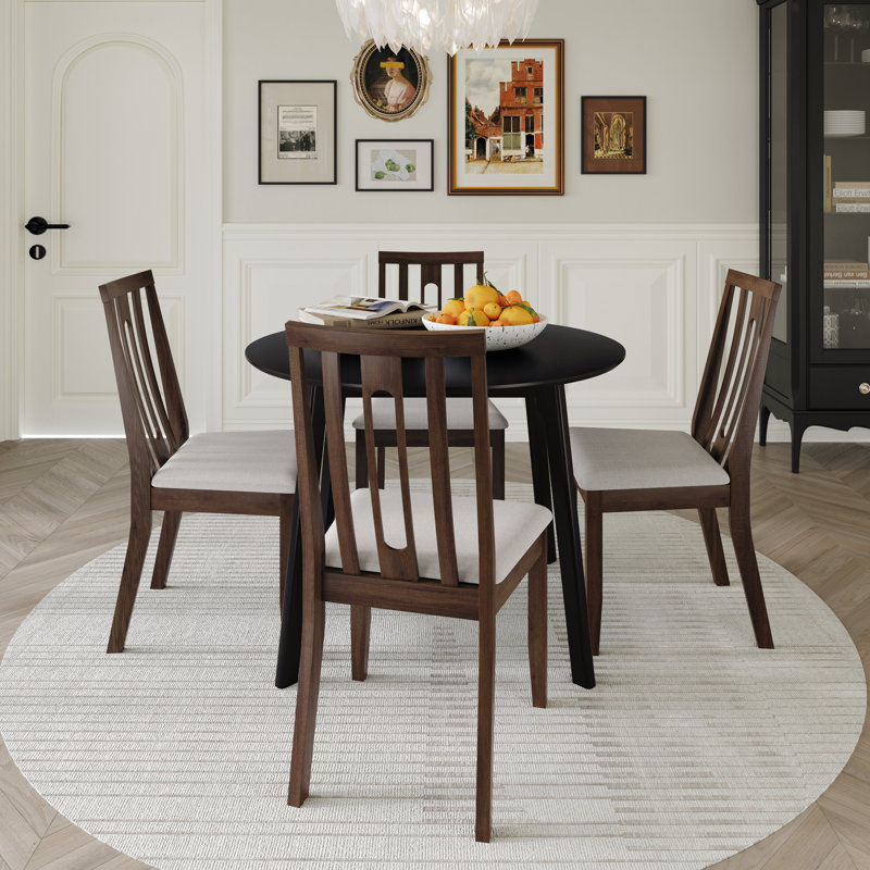 5-Piece Dining Set With Black Round Table And Brown Upholstered Vertical Slat Back Chairs, Brown