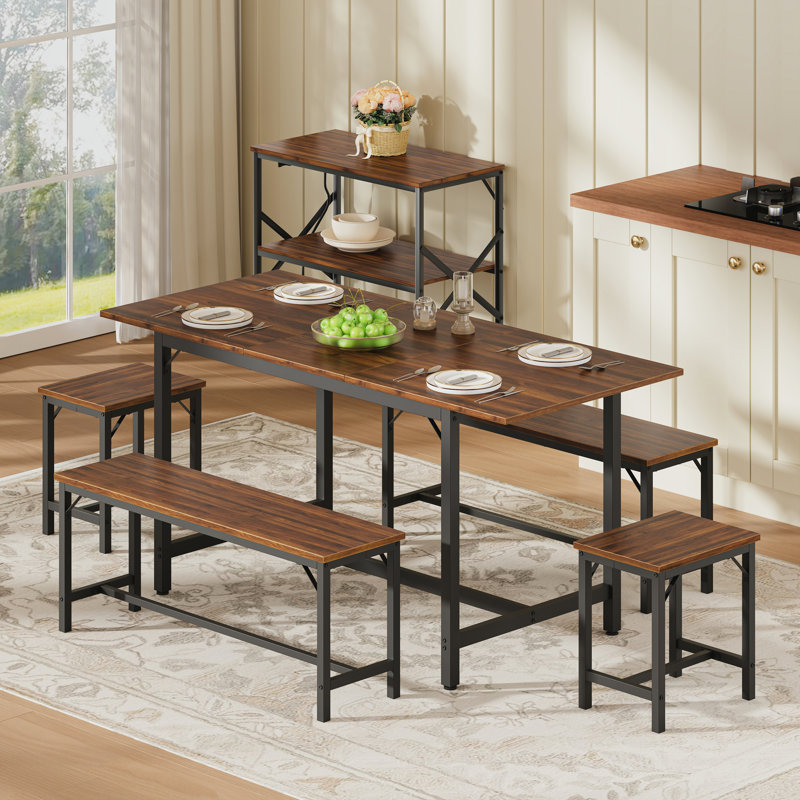 Expandable Dining Table Set for 4-8, 63" Large Extendable Kitchen Table with 2 Benches & 2 Stools, Modern Wood Top & Metal Frame, Space-Saving, Easy Assembly, Walnut.