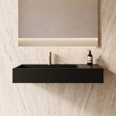 Juniper 36" Solid Surface Wall Mount Modern Minimalist Left Basin Bathroom Sink and LED Mirror Set