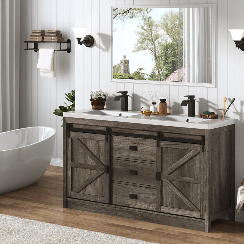59" Double Bathroom Vanity With Sink, Faucet, Drain Assembly, Drawers, And Sliding Barn Doors