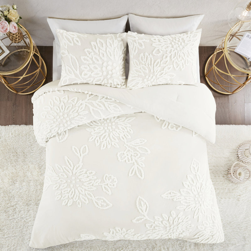 Édredon 3 pièces pour lit très grand / très grand, chenille en coton floral, chambre à coucher,, Off White