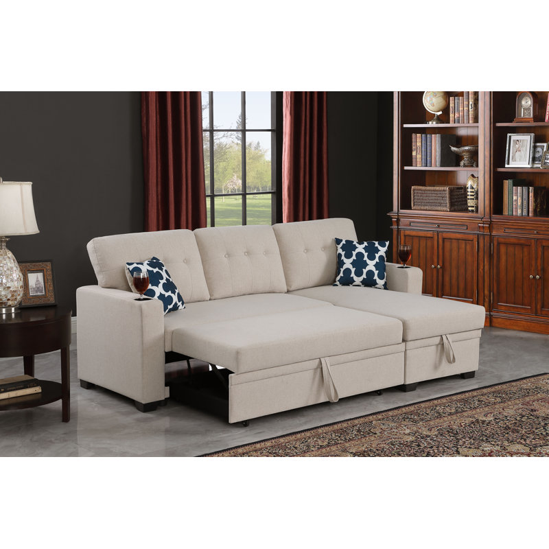 84" Wide Reversible Sleeper Sofa & Chaise, Beige Polyester Blend