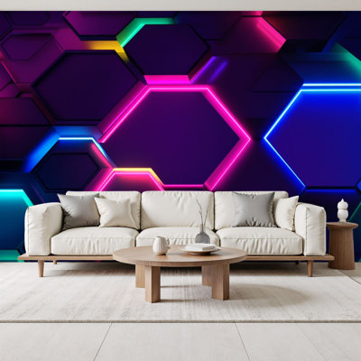 Neon Peel and Stick Wallpaper Neon Hexagon Geometric Glowing Pink Blue Purple Lights Wall Murals 69"H x 96"W Removable PVC Wall Paper Self-Adhesive Wall Decor for Bedroom Living Room Home Office