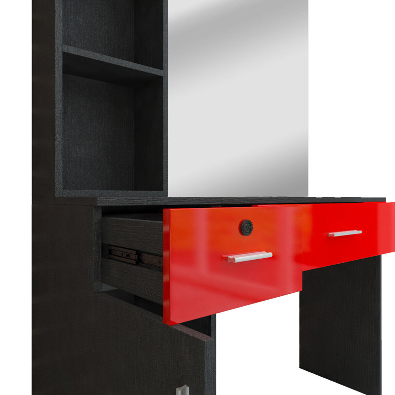Wall Mount Salon Station With Mirror, Makeup Vanity With Storage Shelf, Barber Beauty Spa Salon Equipment Set, Red/Black
