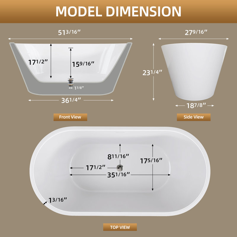  51" X 27" Acrylic Freestanding Soaking Bathtub With Drain in White, Glossy White