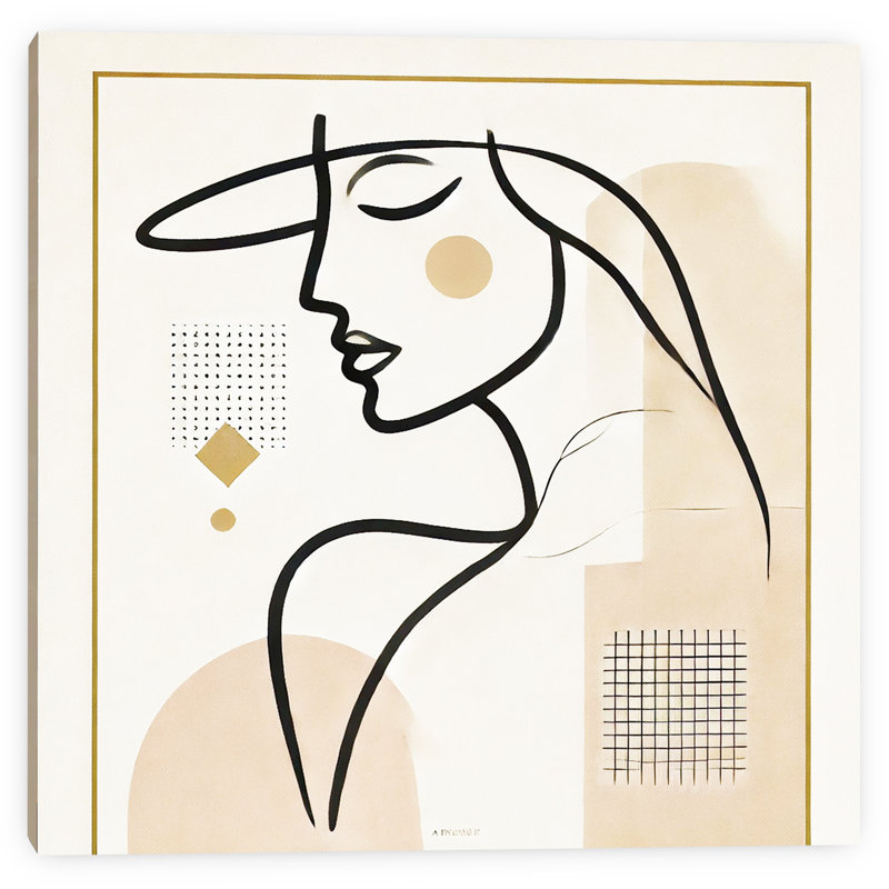«Modern Muse», art mural sur toile - Profil élégant en ligne minimaliste avec accent de chapeau, H 20 po x l 20 po