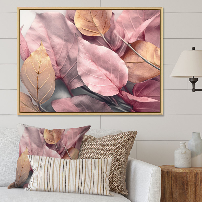 Or rose, feuilles et harmonie II - art floral sur toile, H 34 po x l 44 po x P 1,5 po, Cadre naturel flottant
