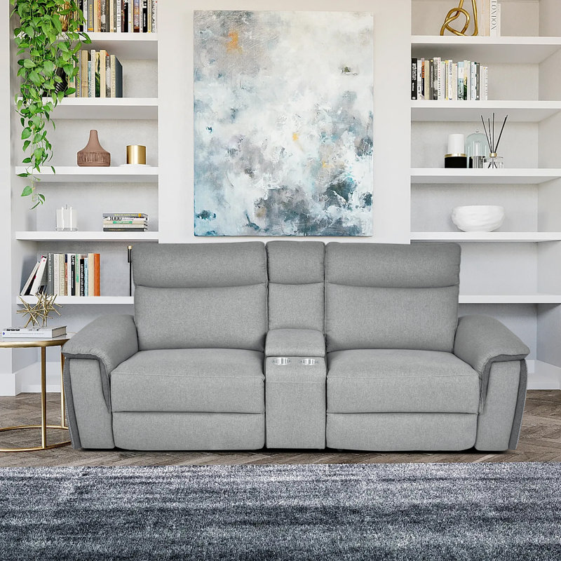 Causeuse inclinable électrique en tissu texturé 93,5 po Enjolie, Tissu gris clair à deux tons
