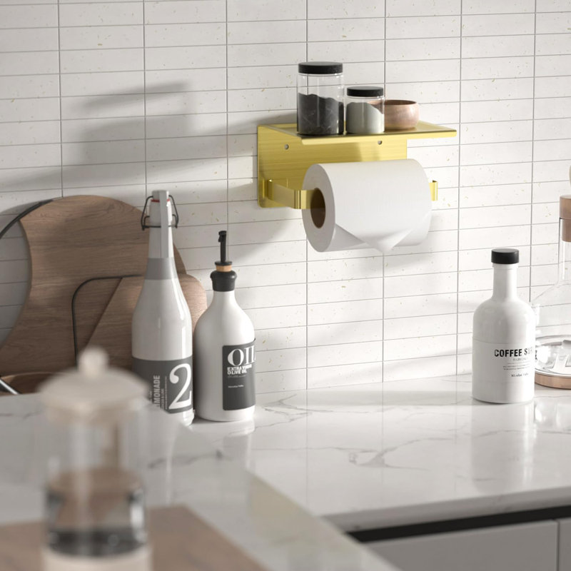 Porte-papier hygiénique en acier inoxydable avec tablette, porte-papier hygiénique mural en or brossé, conception à tige simple pour un remplacement facile du papier