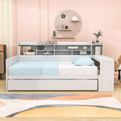 Wooden Daybed with Storage Shelves, Trundle Bed and Study Desk by Lark Manor