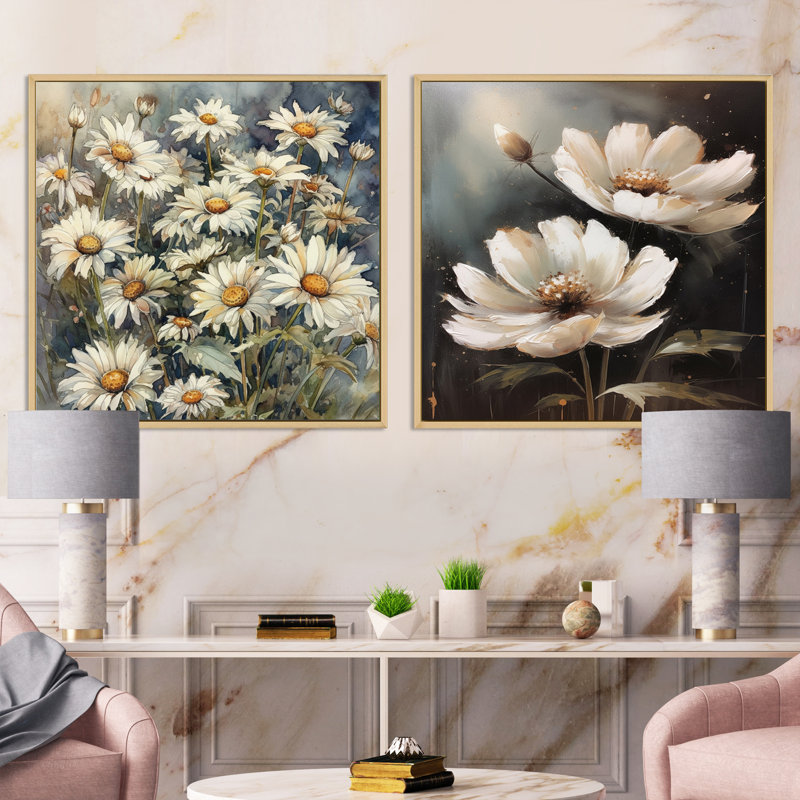 Melody of Daisy - blanc et vert, Cadre flottant brun, H 30 po x l 61 po