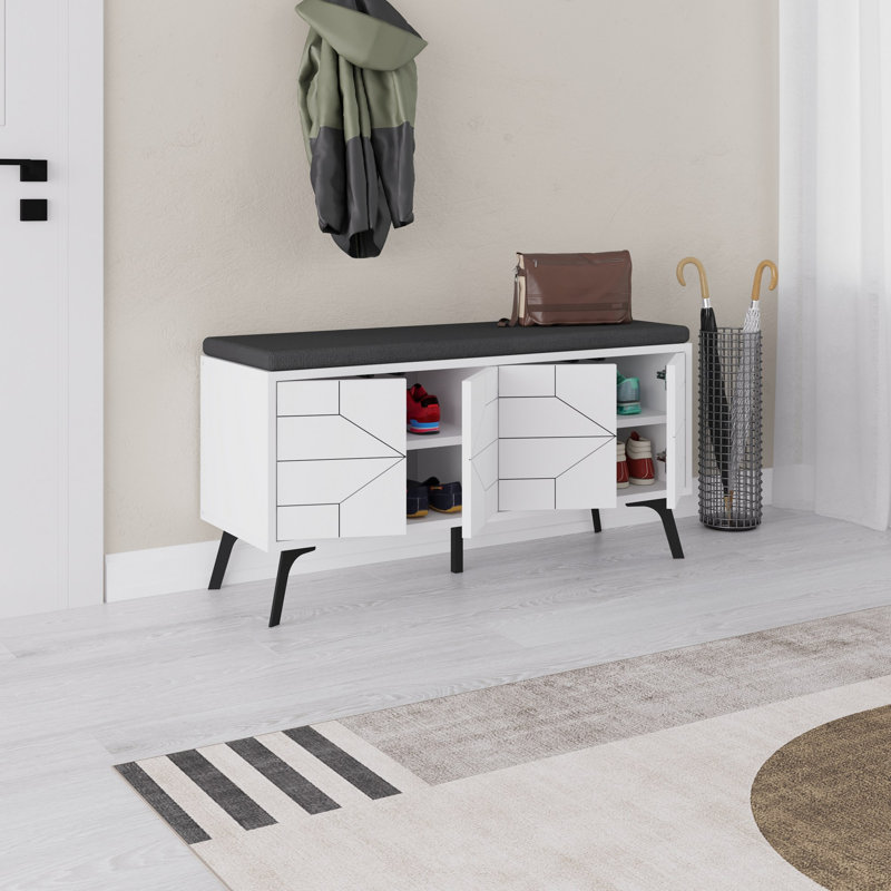 Modern White Shoe Cabinet with Soft-Close Hinges, 42.1 x 21.7 x 13.8 inches | 100% Melamine Coated Particle Board, 100% Polyester Fabric | Metal Legs, Heavy-Duty Design, Stylish Storage Solution for Entryway & Hallway