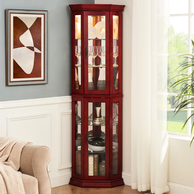 Beautiful Cherry Curio With Glass Door And Adjustable Lighting Cabinet Panels Shelf Arrangements, Cherry