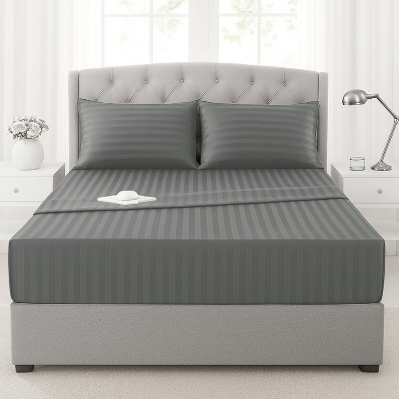 200 Thread Count Microfibre Stripe Fitted Sheet 40cm, Single (3'), Charcoal