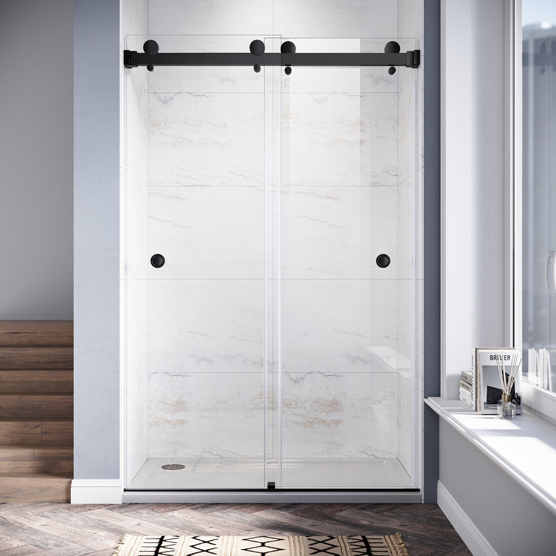 Royal 46 to 49 in. x 76 in. H Frameless  Double Sliding Shower Door with Two Finger Pulls in Matte Black and 3/8 in. (10mm) Clear Glass