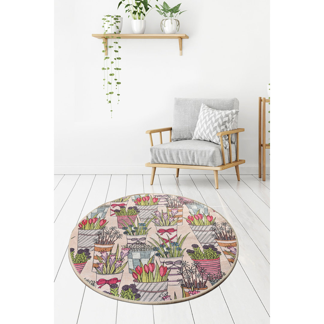 Round Nowayton Floral Machine Made Flatweave Polyester/Velvet Area Rug in Brown/Green/Pink East Urban Home Rug