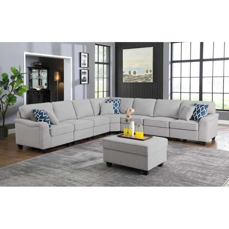 Ellis 8-Piece Modular L-Shape Linen Sectional Sofa and Ottoman