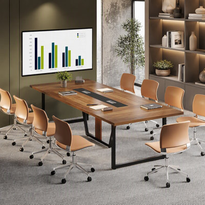 Modern Rectangular Conference Table Seats 8-10 People, Heavy Duty Metal Leg Office Meeting Table with Built-In Cable Grommets for Boardroom Training Podcast Studio