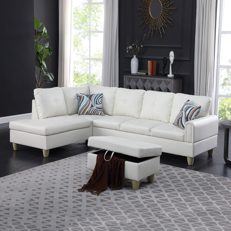 Jayzen 3-Piece Vegan Leather L-shaped Living Room Sectional with Storage Ottoman, Left Hand Facing, White Faux Leather