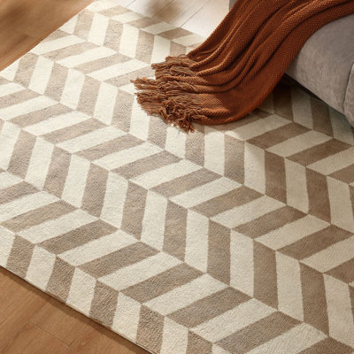 Machine-Woven Herringbone Area Rug Washable Non-sliping – Soft Beige Ivory Wool-Polyester Blend, Performance Rug