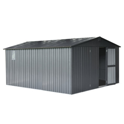 Dark Gray Metal Storage Container For Patio 11'X12.5', Galvanized Steel, Windows & Door 11'X12.5' Shed Patio, Steel Frame, Windows, Lock Door,