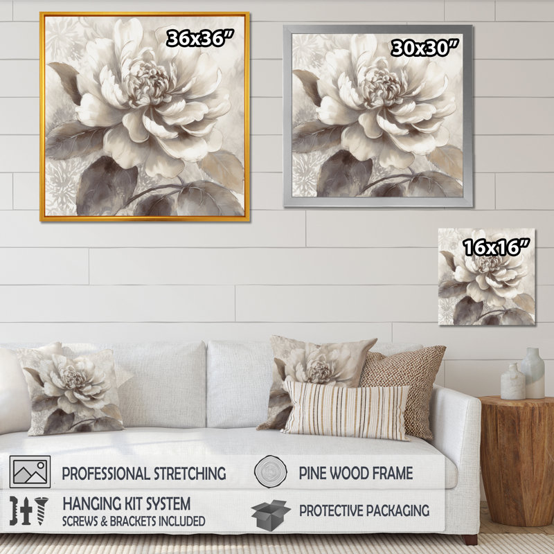 Pivoines grises sur branche II - art mural encadré de pivoines florales pour le salon, H 36 po x l 36 po x P 1,5 po