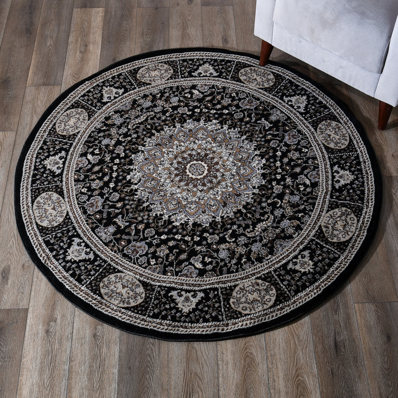 Devansh Power Loom Black/Cream Rug, Round 7'9"