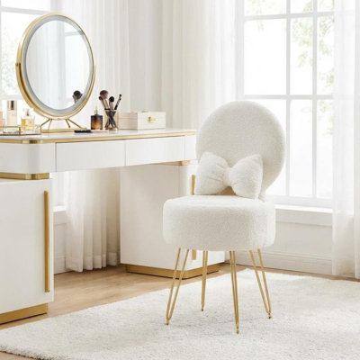 Tabouret de coiffeuse avec coussin et dossier pliable - Molleton Sherpa, repose-pieds avec rangement, pieds en métal pour la chambre à coucher