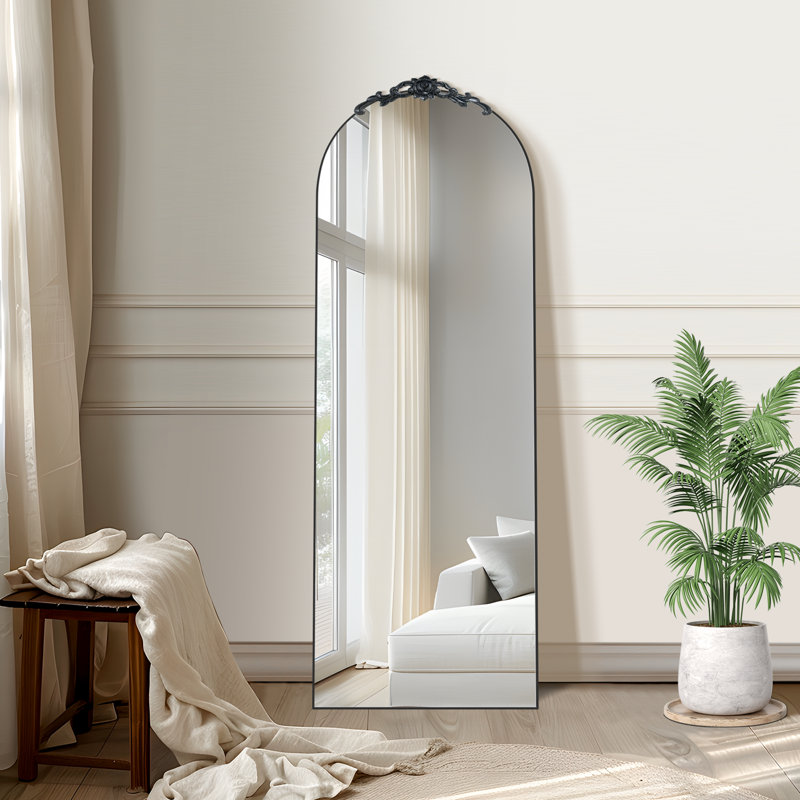Arch Wood Full Length Mirror Freestanding Mirror Wall Mirror with Carved Design, Black, 63" x 25"