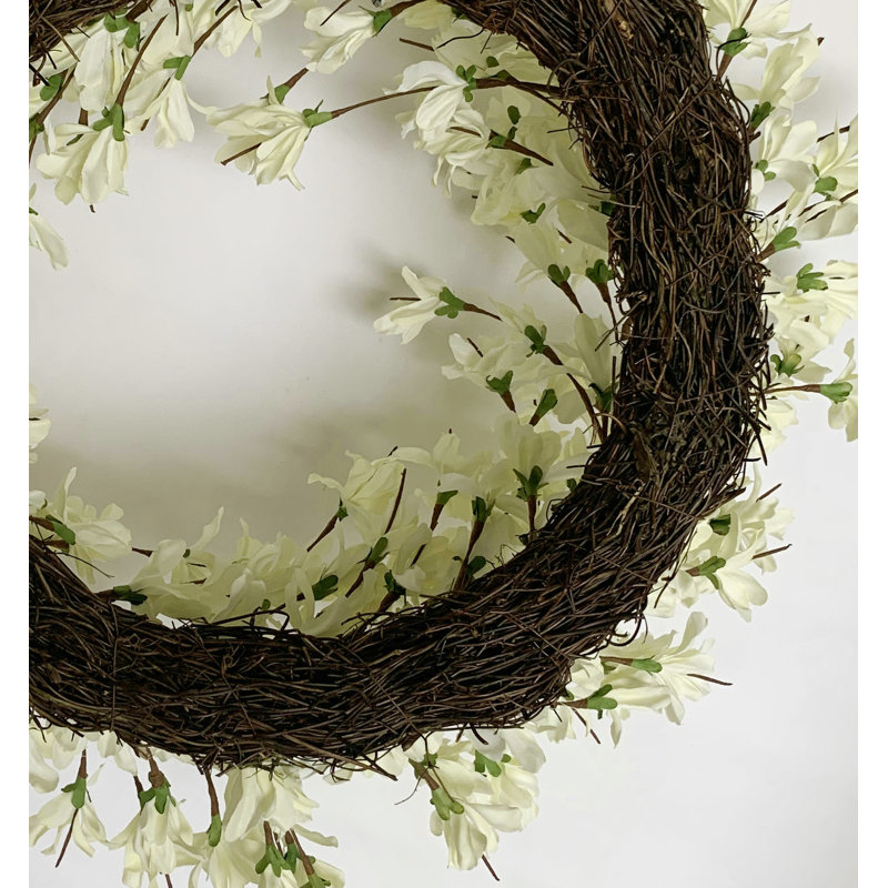 24" Handcrafted Faux Forsythia Silk Wreath for Front Door, White